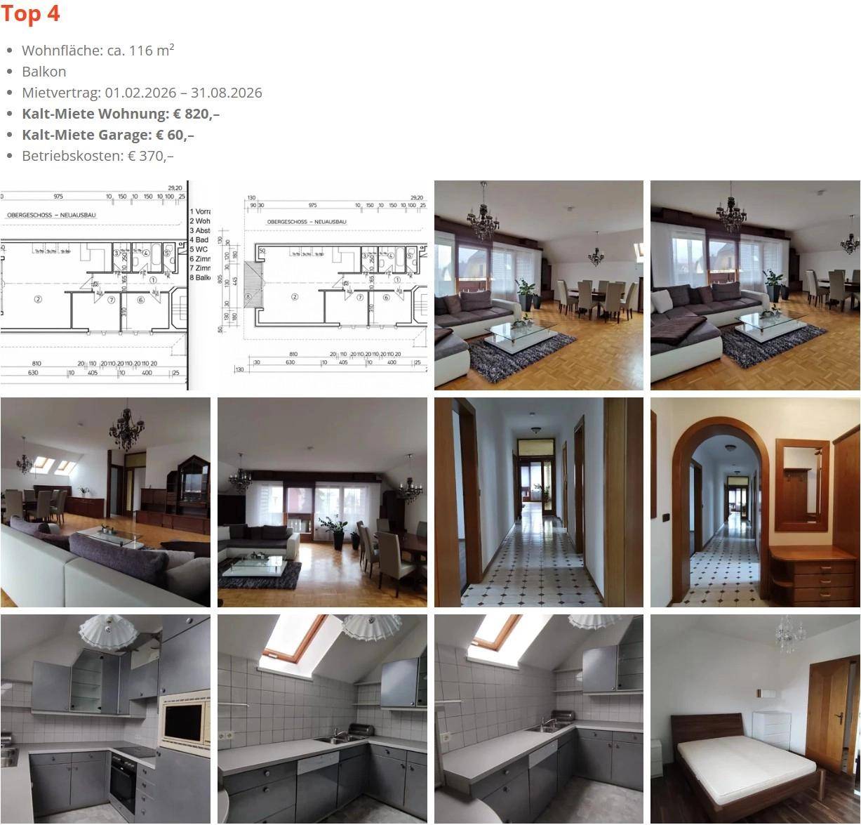 Collage mit verschiedenen Innenräumen der Wohnung, darunter Wohn-Essbereich, Küche, Bad und Loggia.