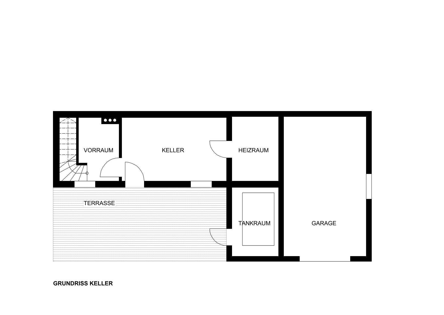 Grundriss des Kellergeschosses mit Vorraum, Keller, Heizraum, Tankraum, Garage und einer Terrasse.