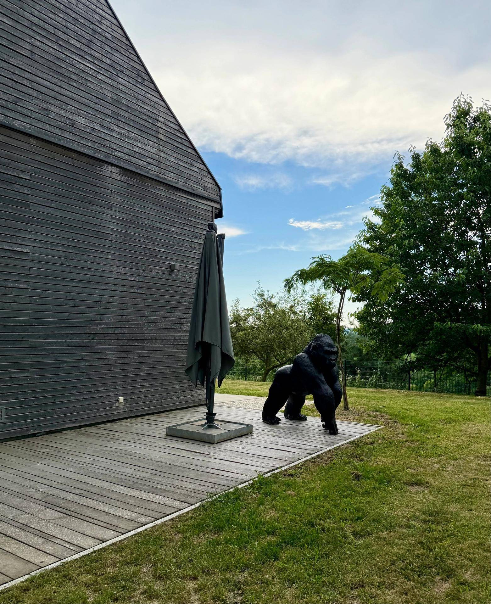 Holzterrasse mit großem Sonnenschirm und einer Gorilla-Statue, angrenzend an den Garten.