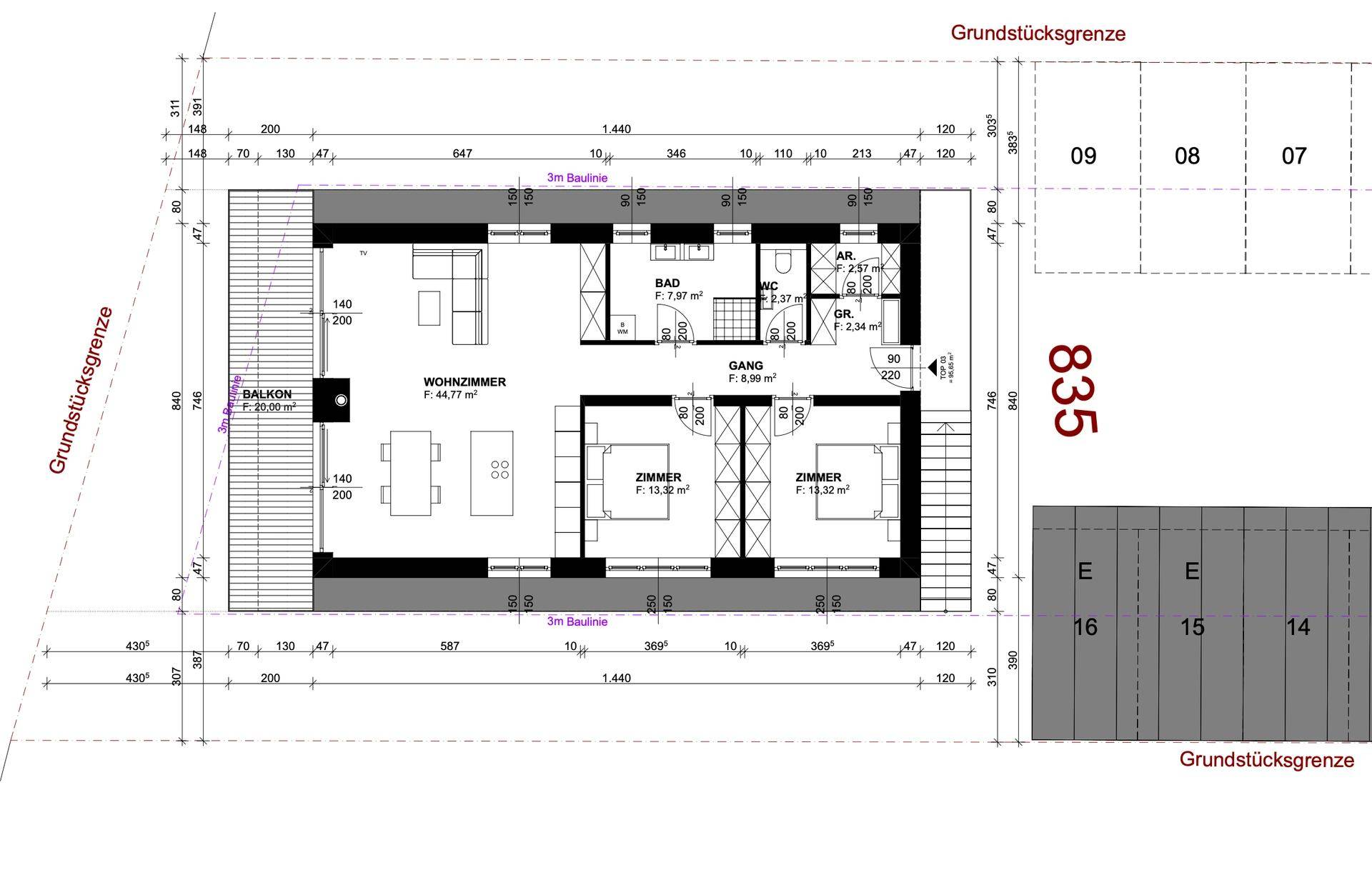 Grundriss einer Wohnung mit Wohnzimmer, Balkon, Bad und zwei weiteren Zimmern.