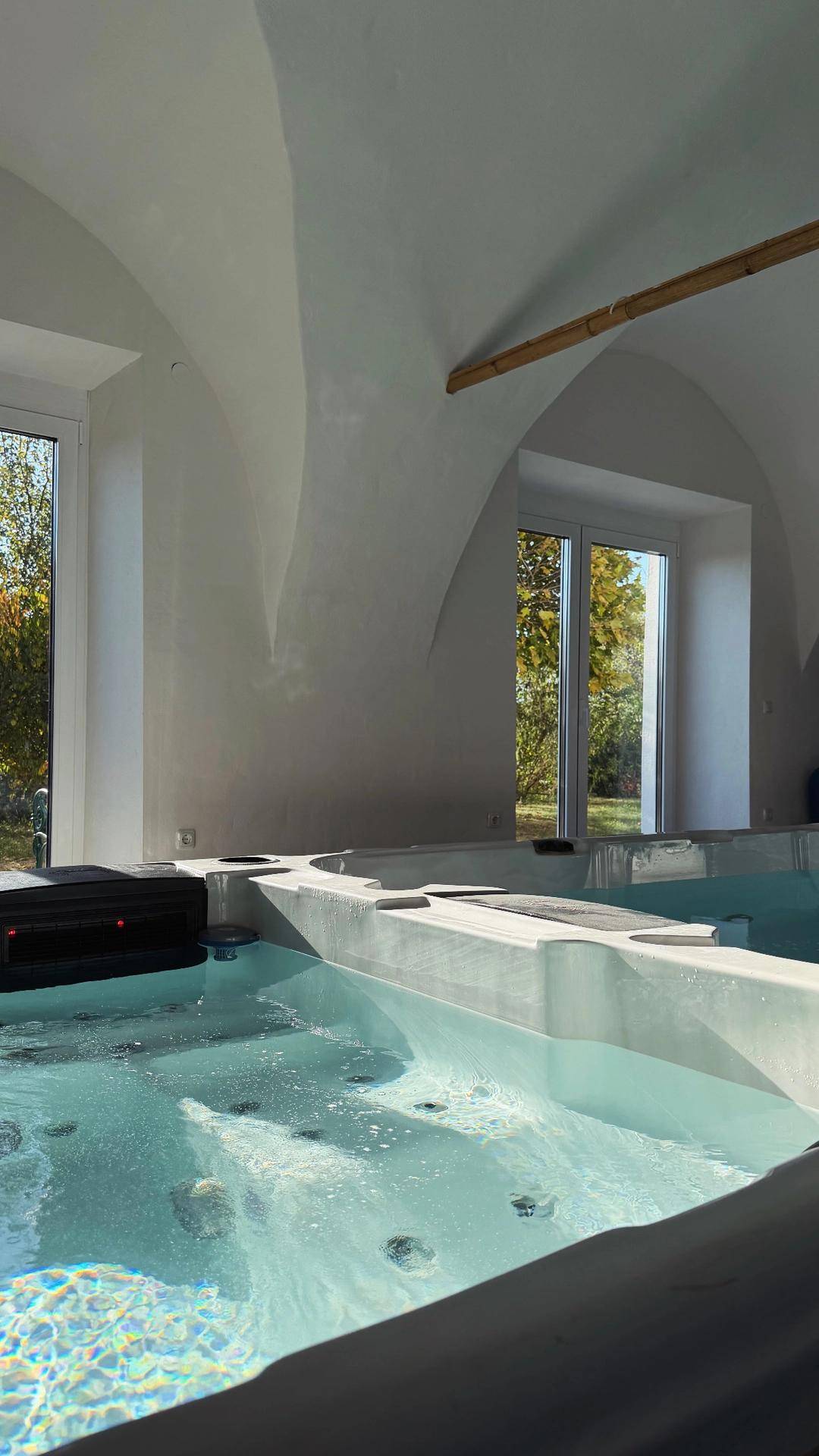 Geräumiger Wellnessbereich mit Swim-Spa und Whirlpool, der durch große Fenster viel Licht erhält.