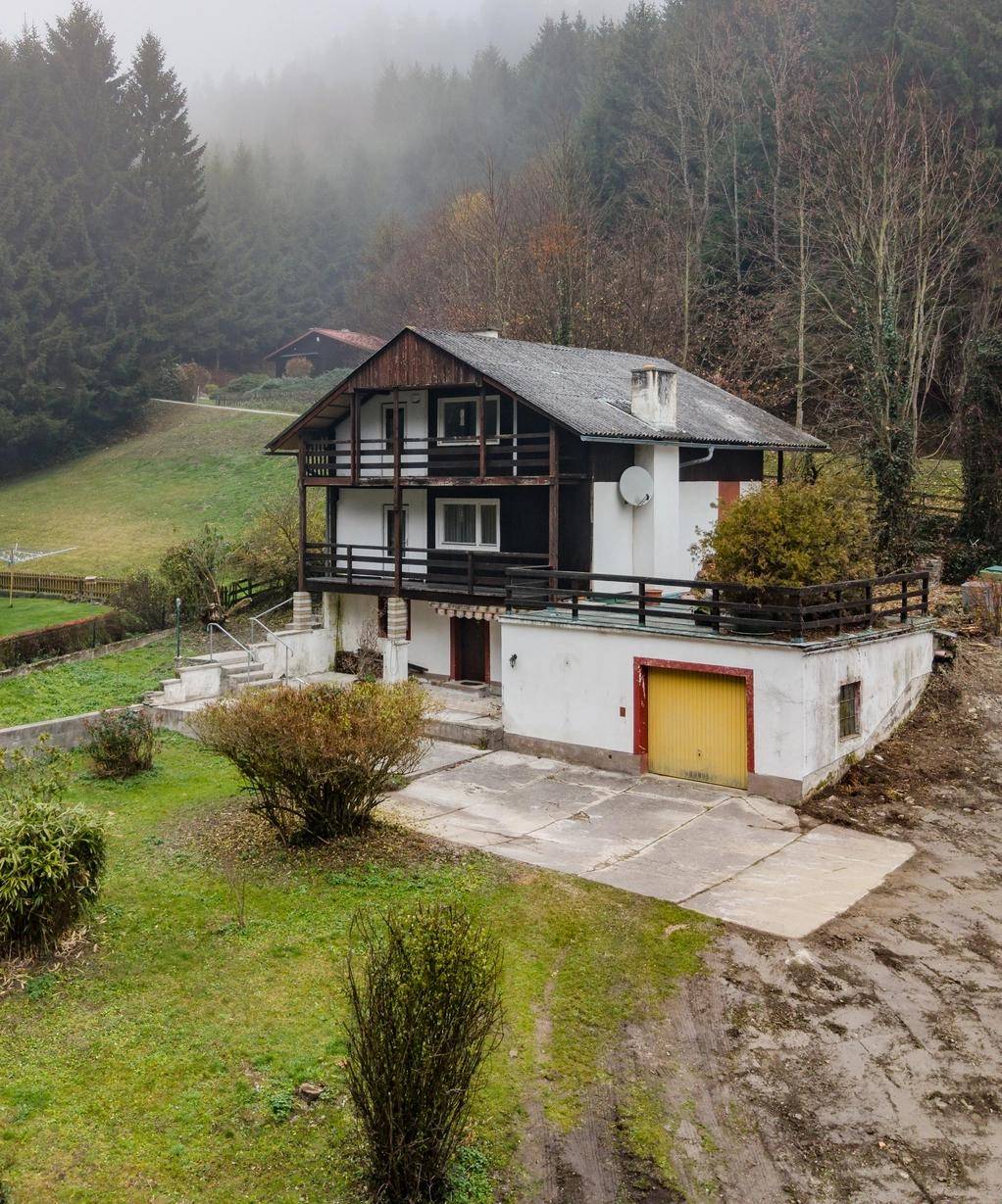 Freistehendes Haus mit Balkonen und Garage, umgeben von Wald und Wiesen in nebliger Atmosphäre.