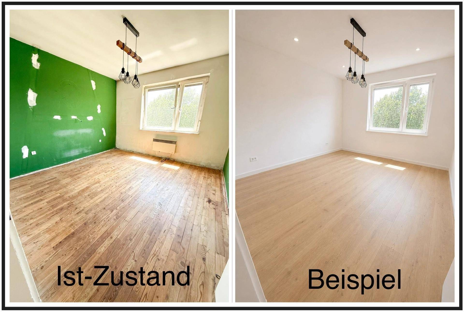 Collage zeigt den Ist-Zustand eines Zimmers mit grüner Wand und ein Beispiel nach Renovierung.