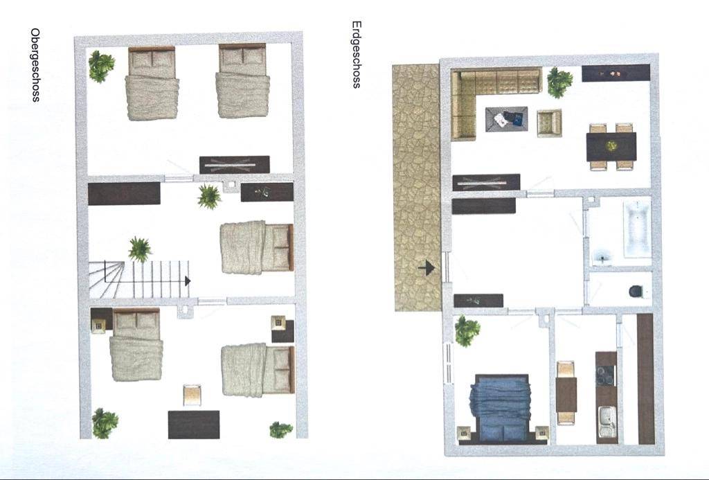 Grundriss des Erdgeschosses und Obergeschosses mit Möblierung und Raumaufteilung.