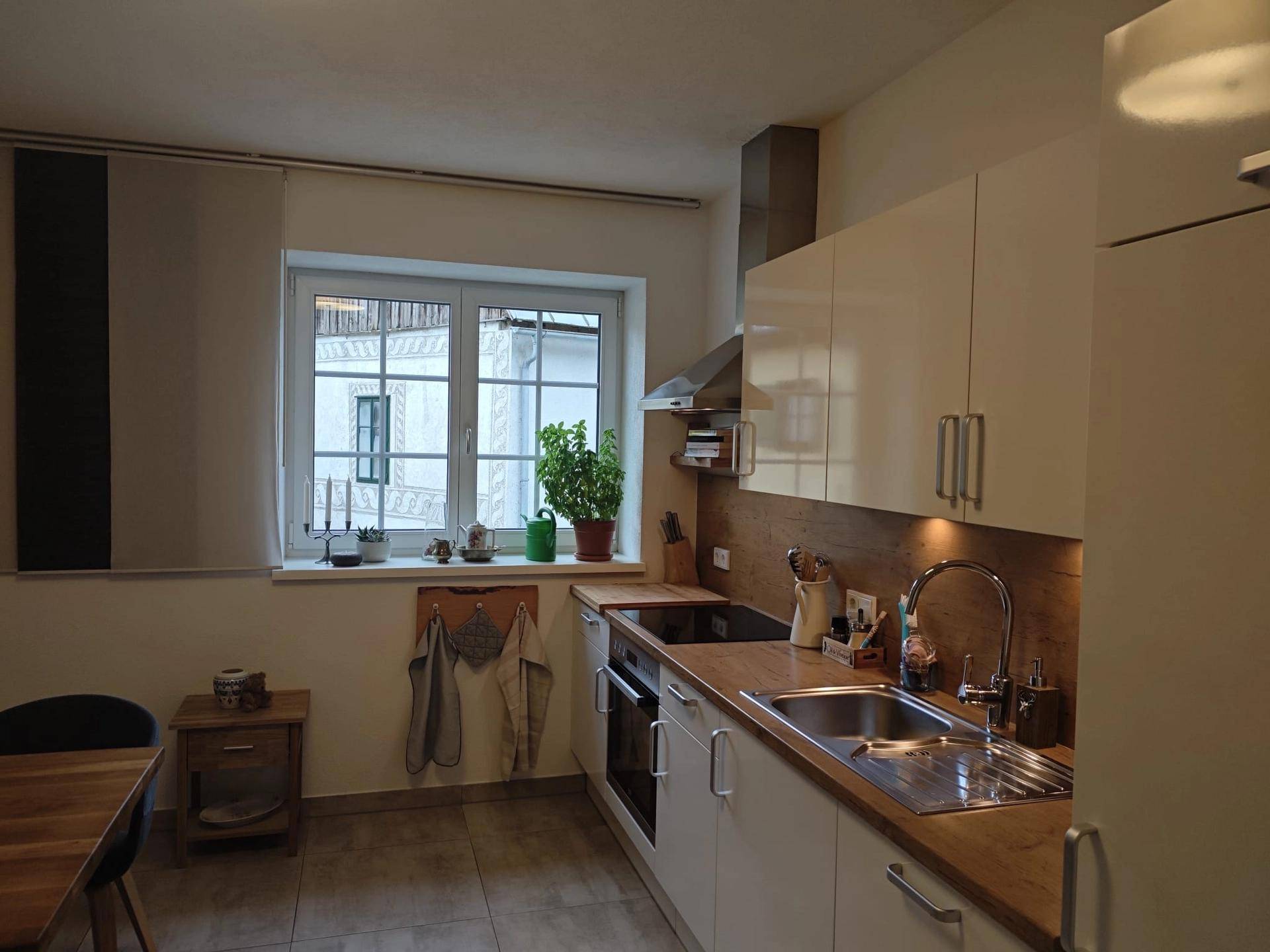 Moderne Küche mit weißen Schränken, Holzarbeitsplatte und Fensterblick, ausgestattet mit Induktionskochfeld und Backofen.