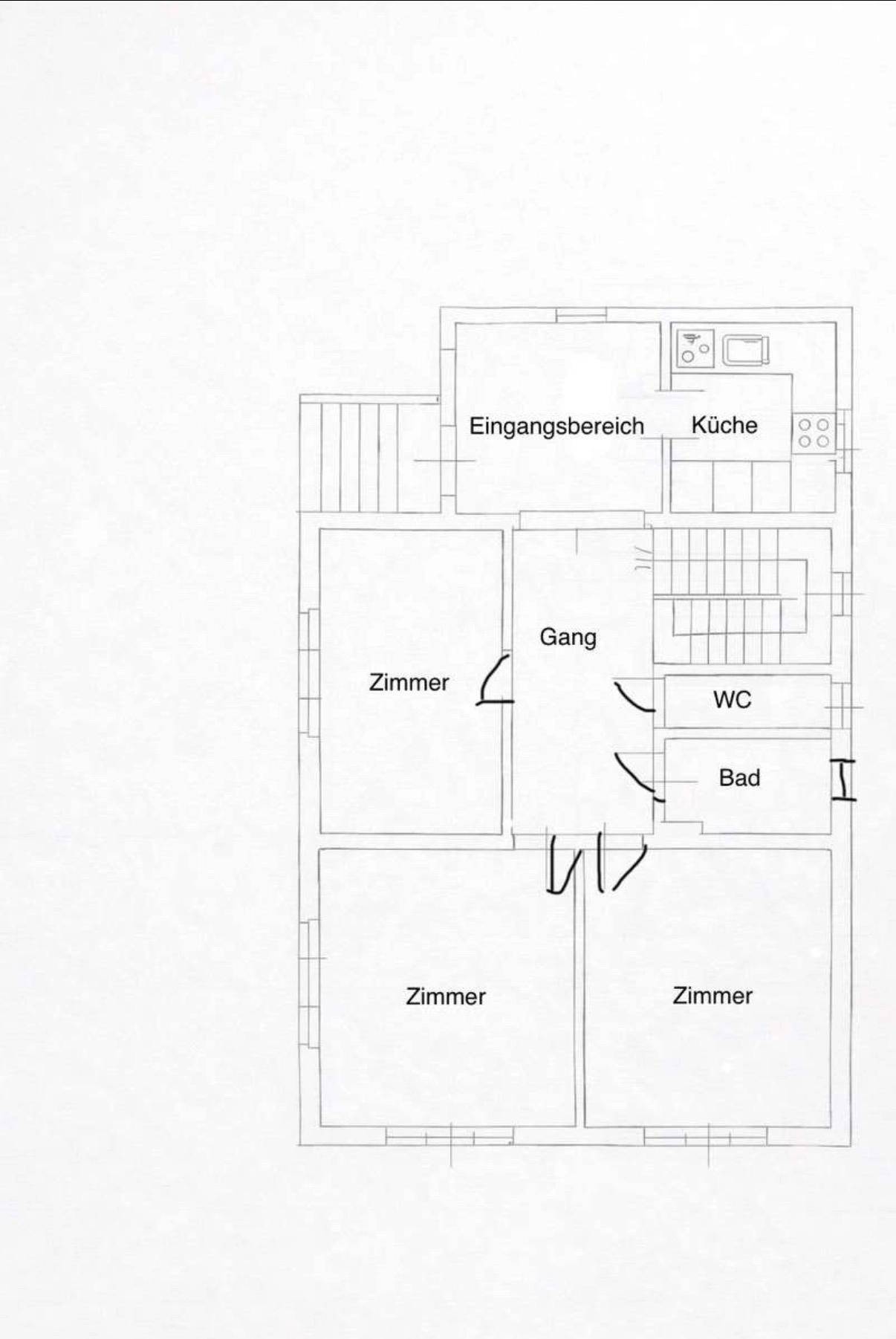 Einfacher Grundriss mit Zimmern, Bad, WC, Küche und Eingangsbereich.