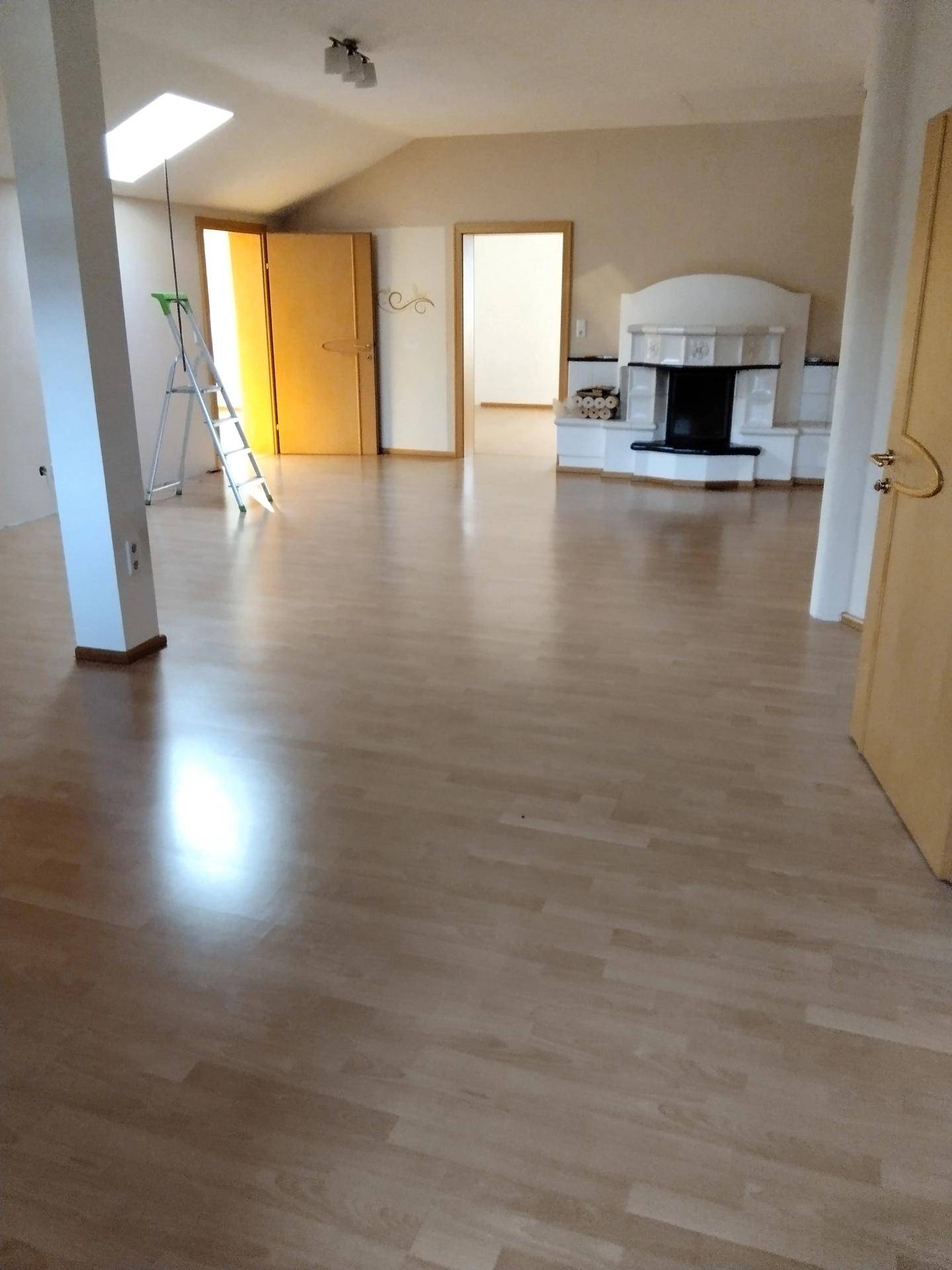 Großer, heller Raum mit Laminatboden, Kamin und Dachfenster.