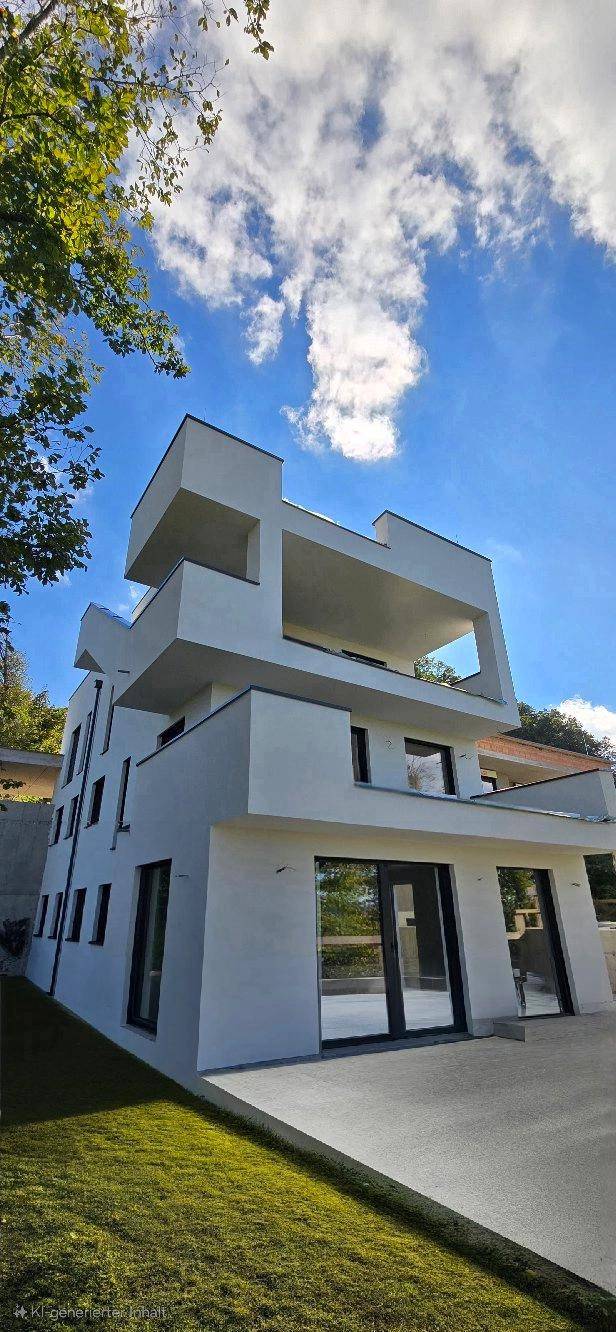 Zeitgenössische Architektur mit markanten geometrischen Formen und großzügigen Balkonen unter blauem Himmel.