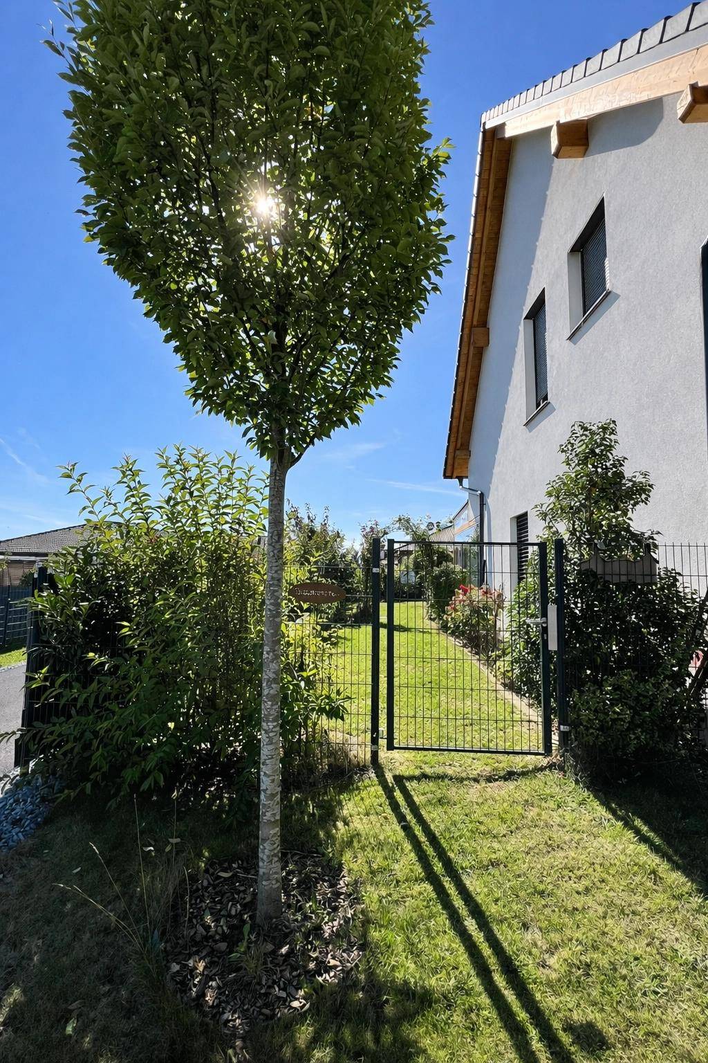 Grüner Gartenbereich mit Rasen, Bäumen und einem Gartentor, das zum Haus führt.