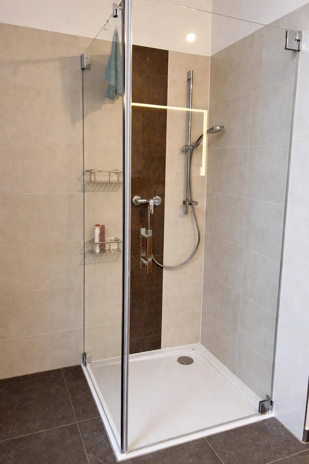 Geräumige Duschkabine mit Glaswänden und modernen Fliesen in Beige- und Brauntönen.