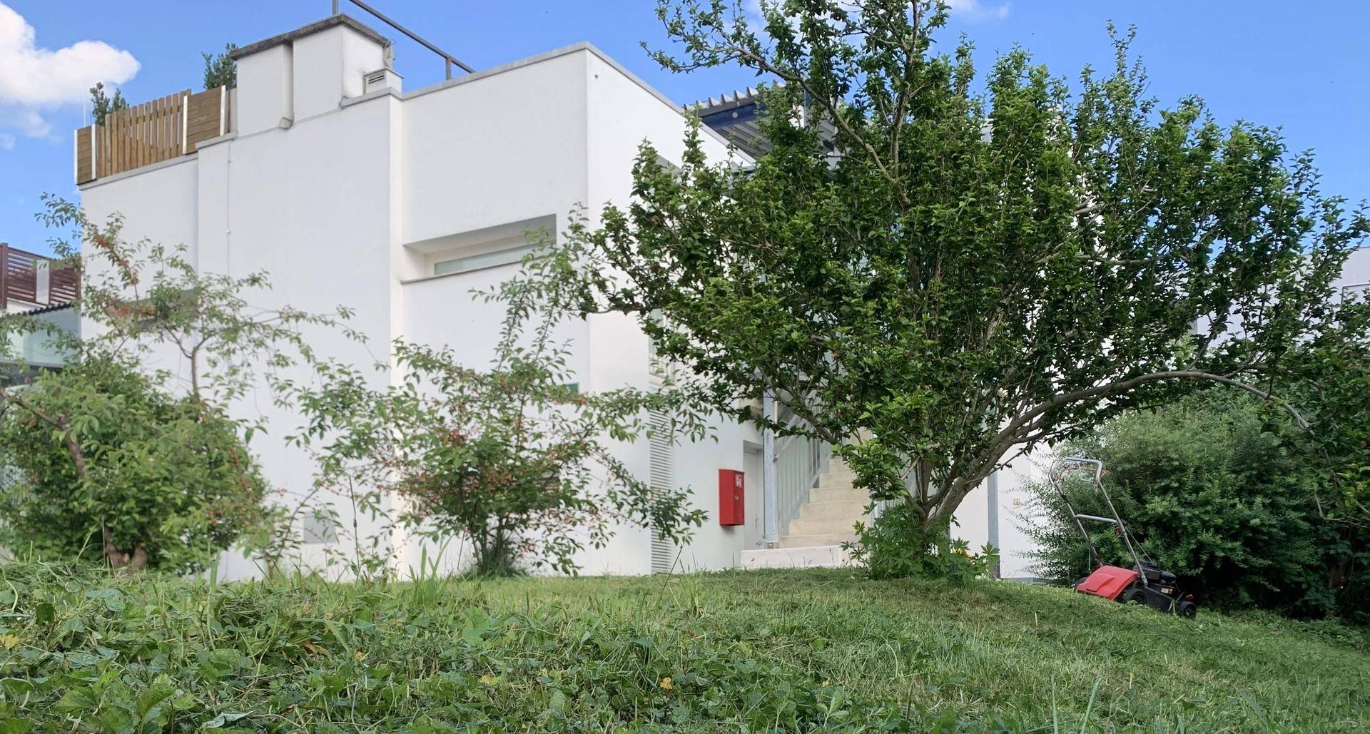 Weiße Gebäudefassade mit einer gepflegten Rasenfläche und einem Rasenmäher im Vordergrund.