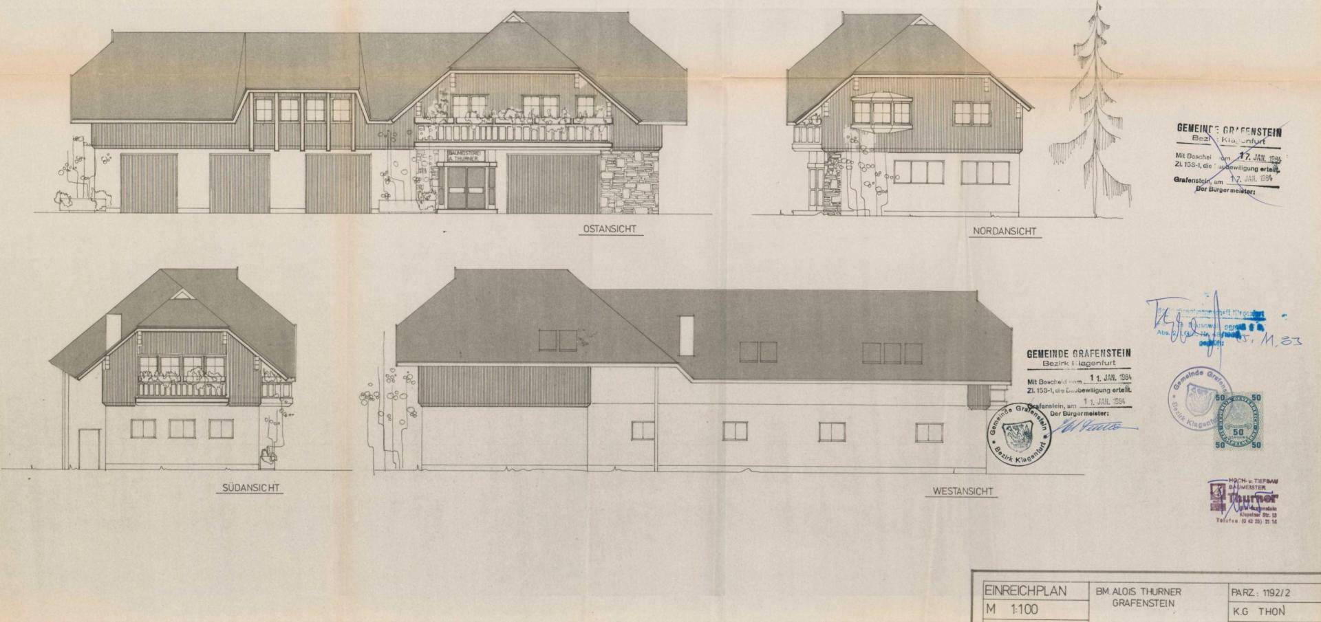 Architektonische Zeichnung des Gebäudes mit verschiedenen Ansichten und Details der Fassade.