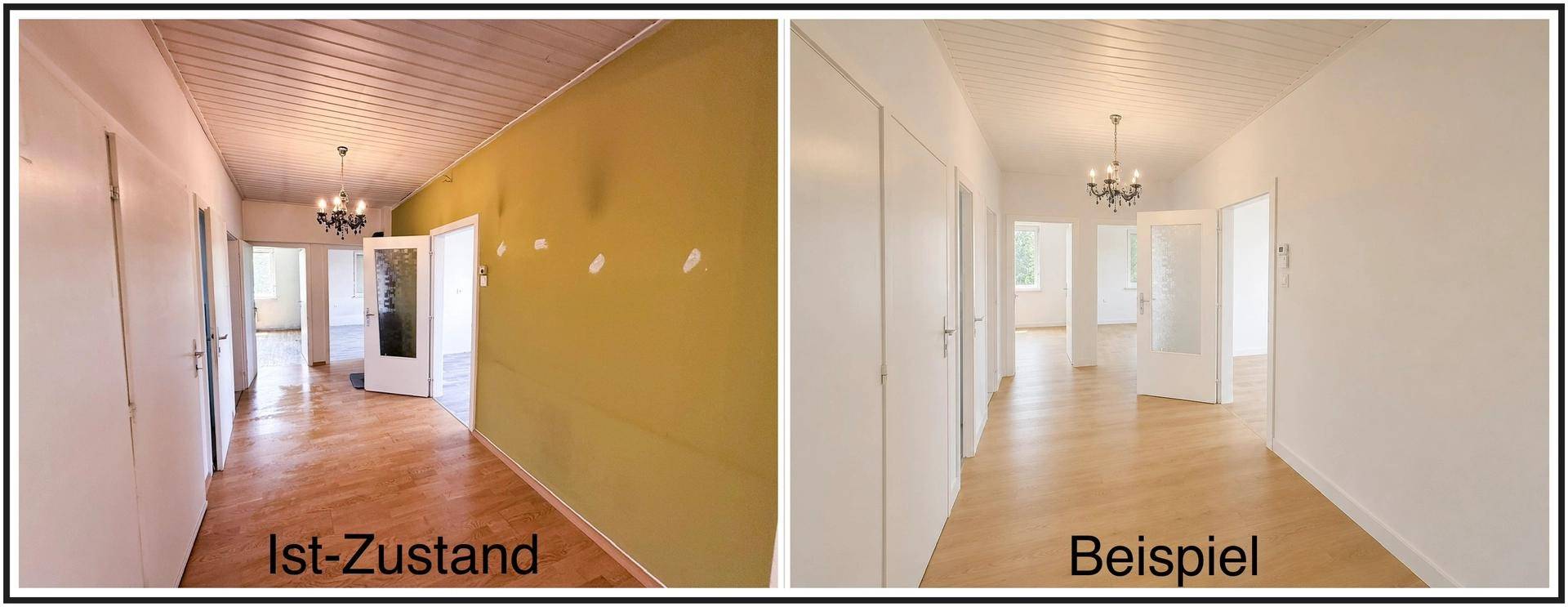 Collage zeigt den Ist-Zustand eines Flurs mit grüner Wand und ein Beispiel nach Renovierung.