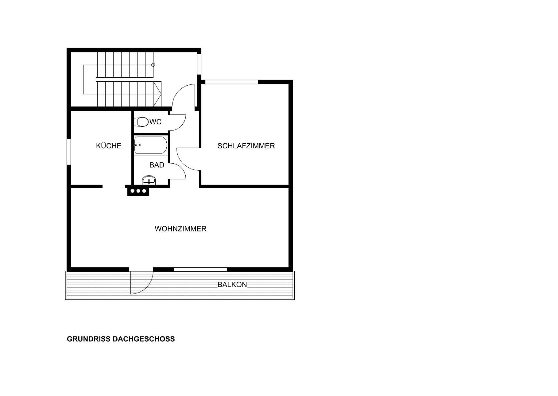 Grundriss des Dachgeschosses mit Wohnzimmer, Schlafzimmer, Küche, Bad, separatem WC und einem Balkon.