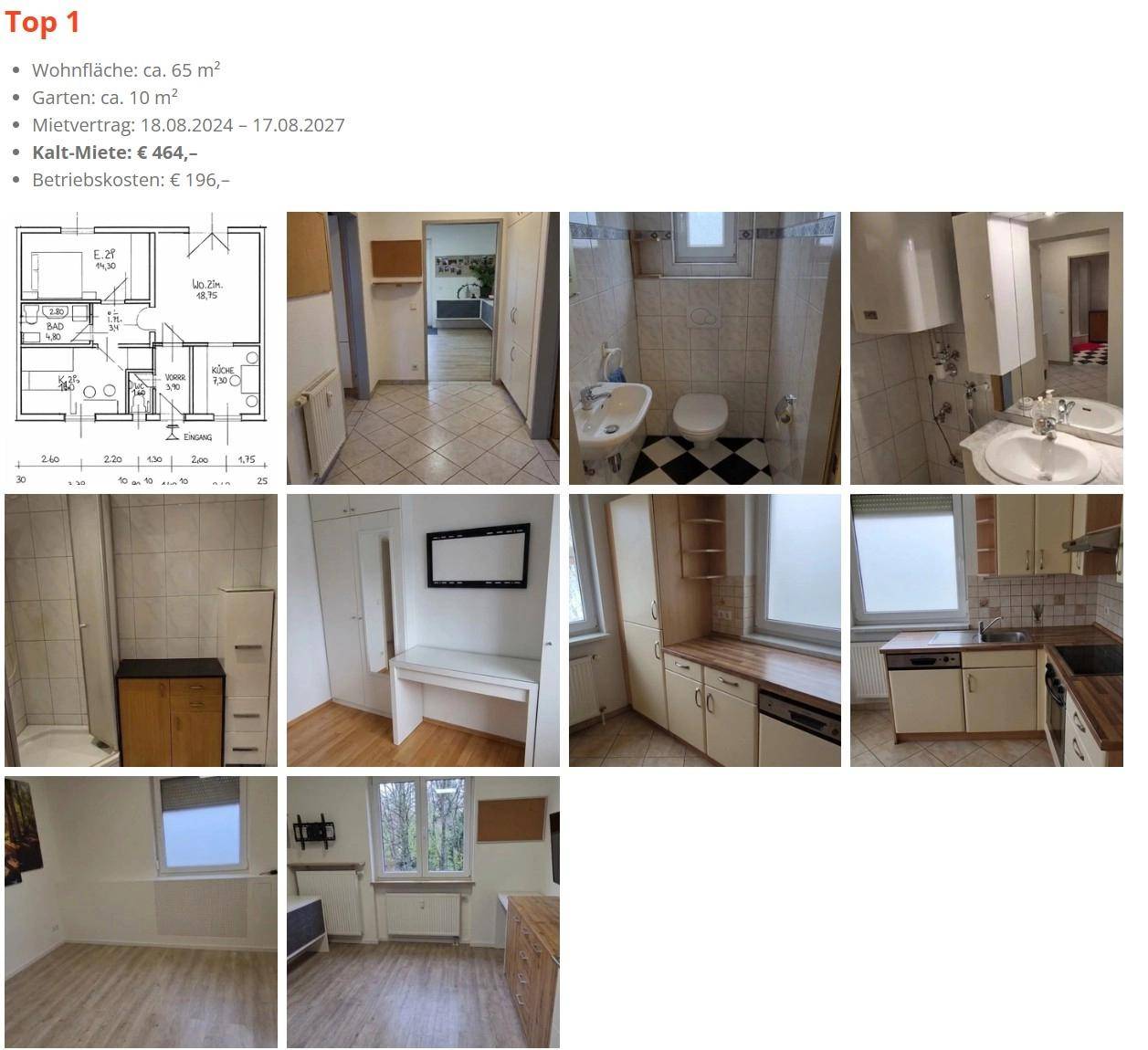Collage mit verschiedenen Innenansichten der Wohnung, darunter Bad, Küche und Wohnbereich, sowie einem Grundriss.
