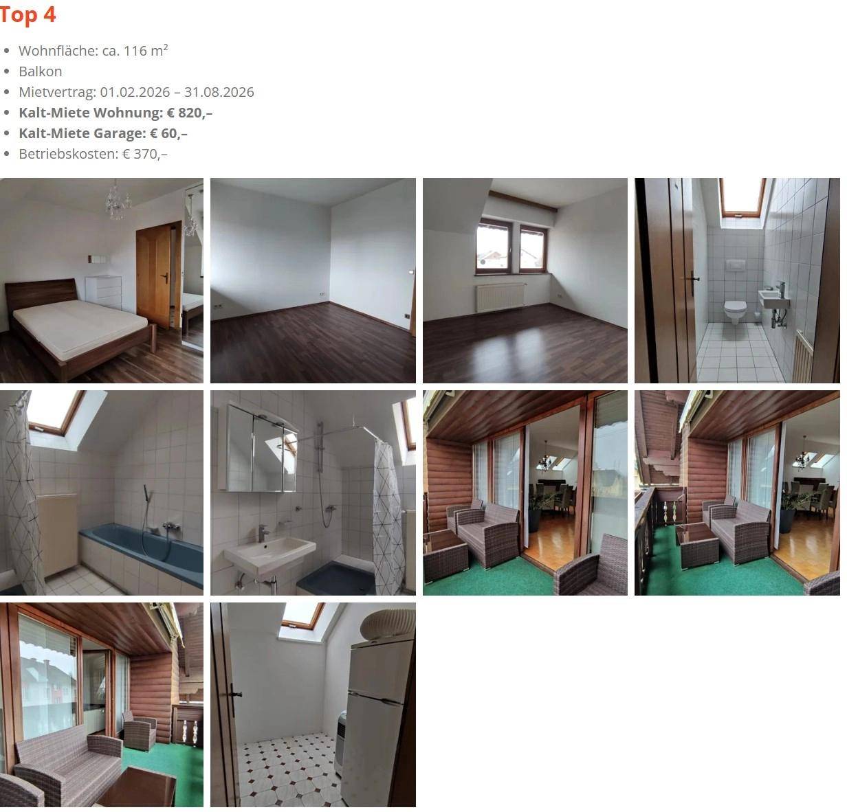 Weitere Innenansichten der Wohnung mit Schlafzimmer, Bad und einer verglasten Loggia mit Sitzmöbeln.
