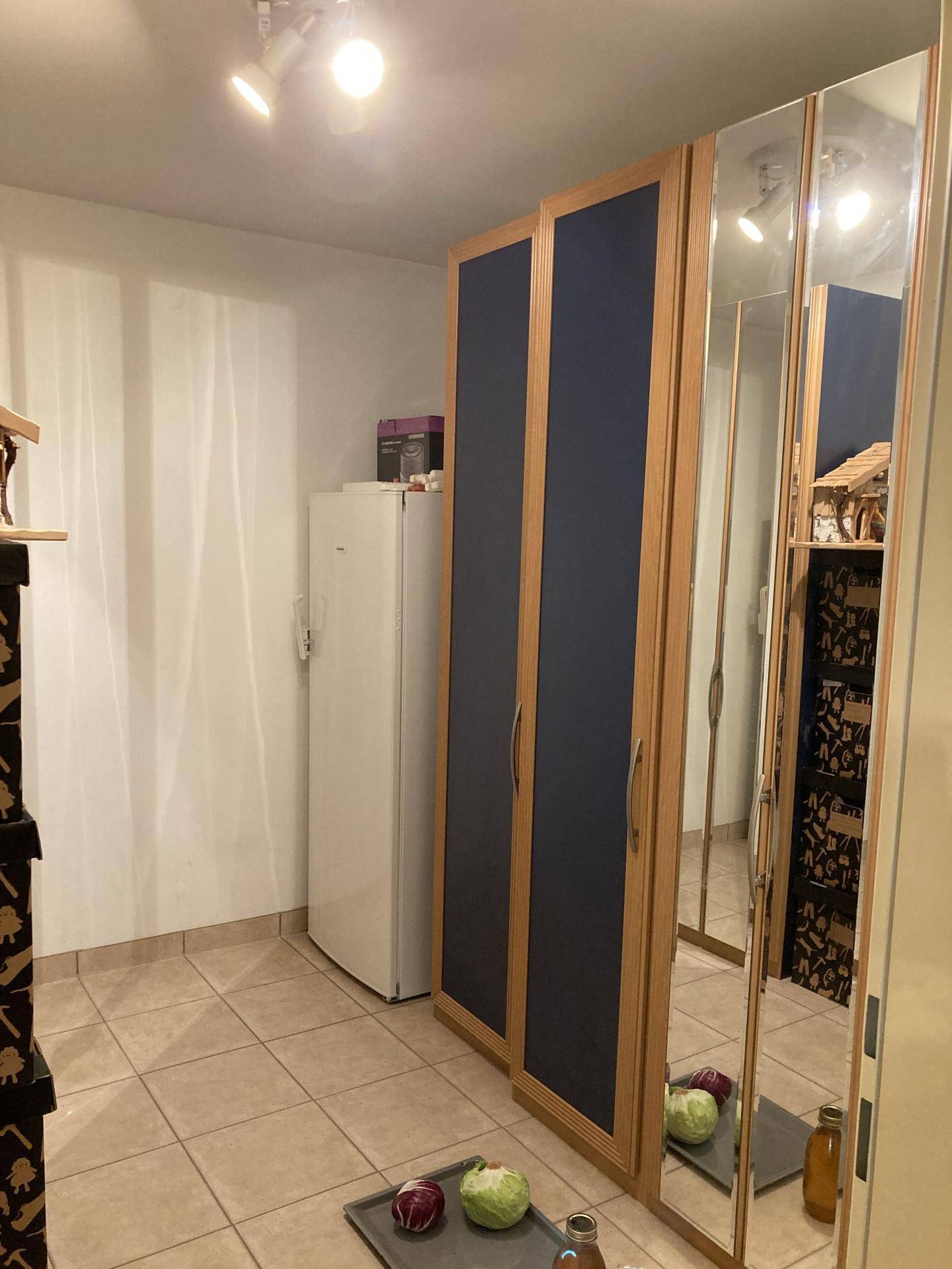 Abstellraum mit Kühlschrank, Spiegelschränken und gefliestem Boden.