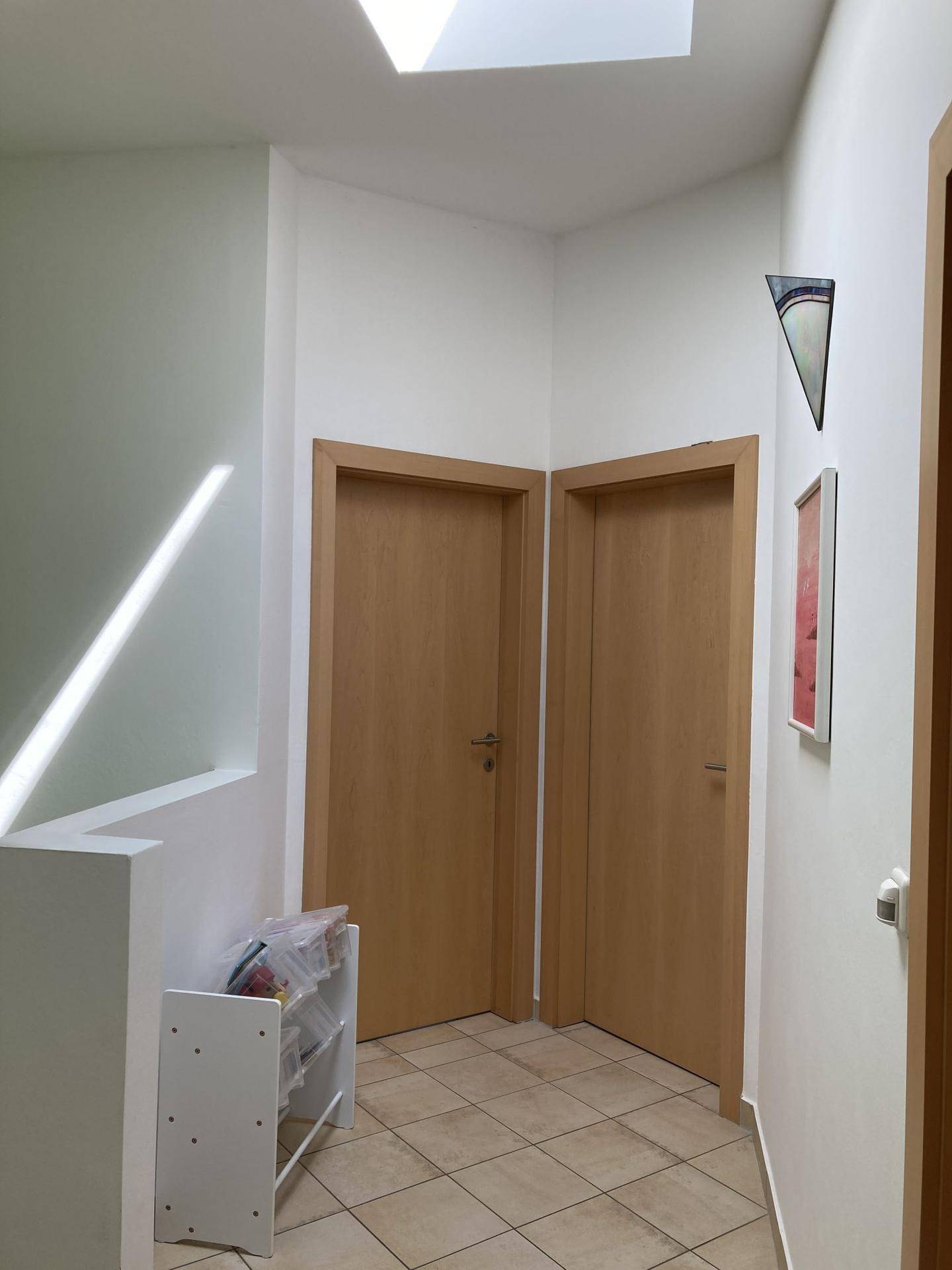 Heller Flur im Obergeschoss mit Dachfenster und zwei Holztüren.