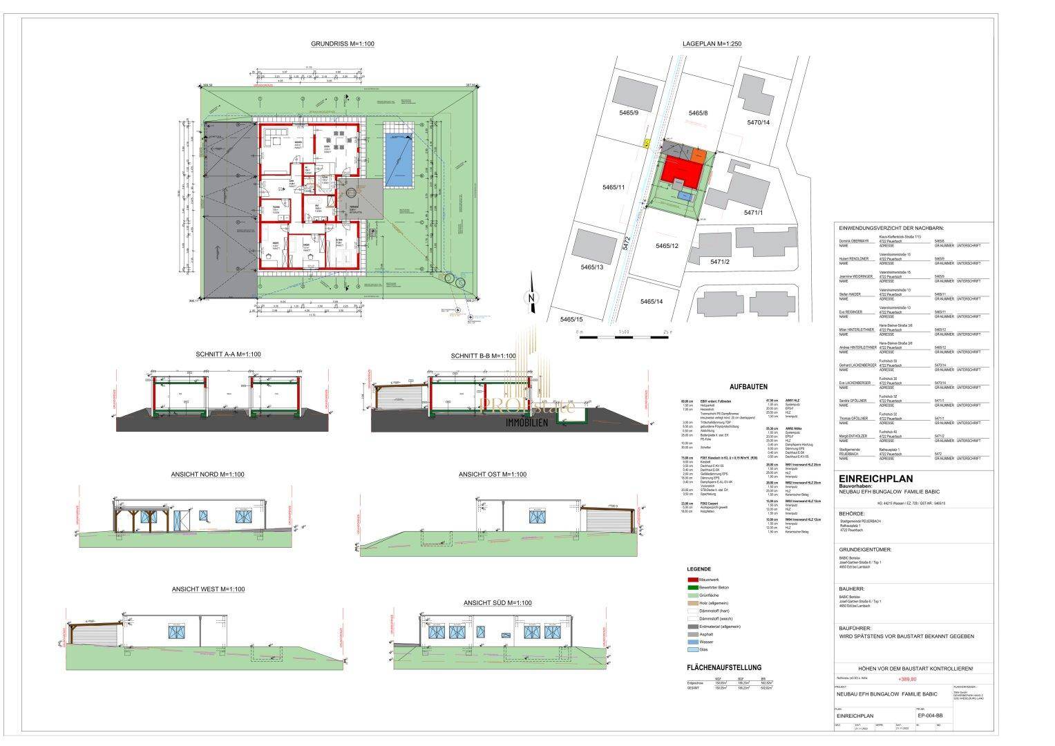 Detaillierter Einreichplan mit Grundrissen, Lageplan und Schnitten des Gebäudes.