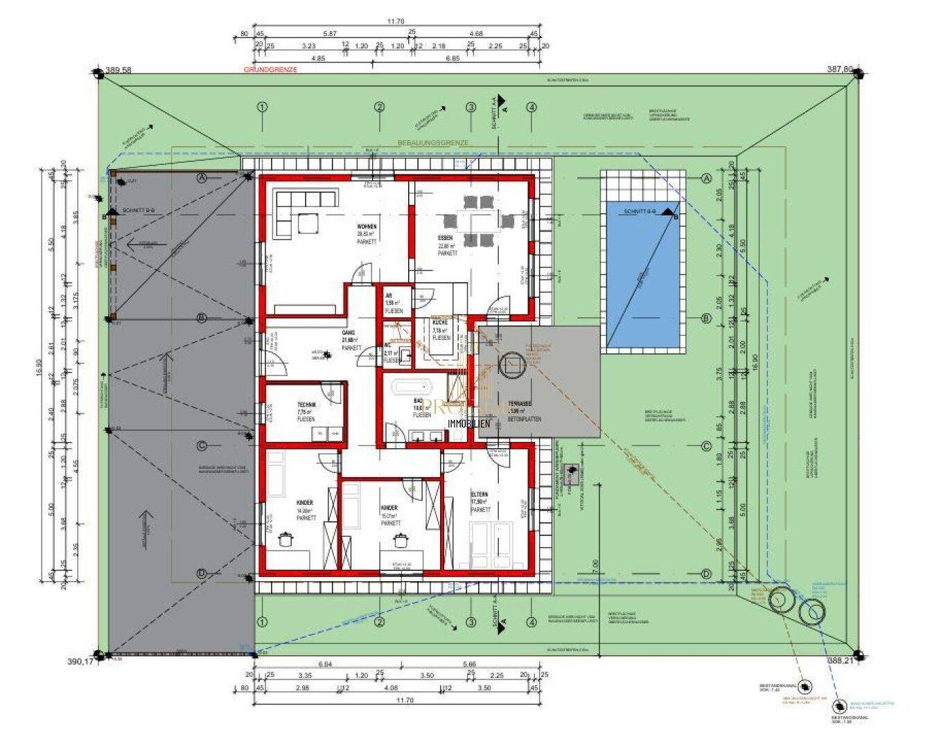 Detaillierter Grundriss des Erdgeschosses mit Raumaufteilung, Terrasse und Pool.