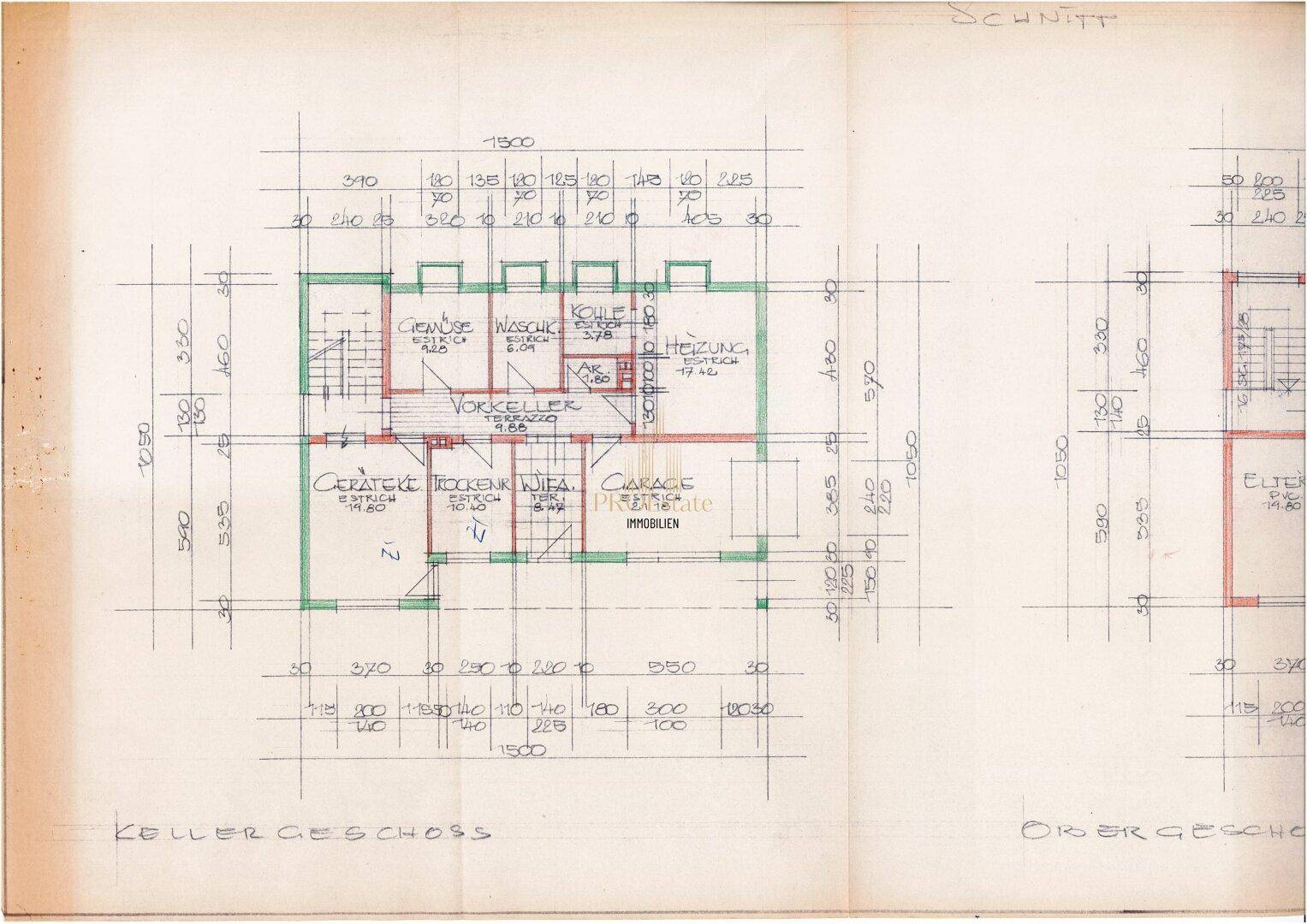 Grundriss des Kellergeschosses mit Garage, Heizraum und Abstellräumen.