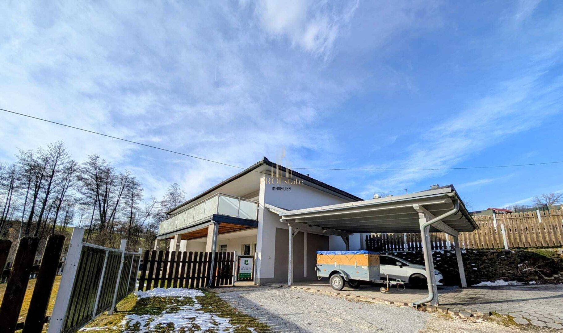 Wohnhaus mit Carport und Zufahrt, umgeben von Natur und leichtem Schneefall.