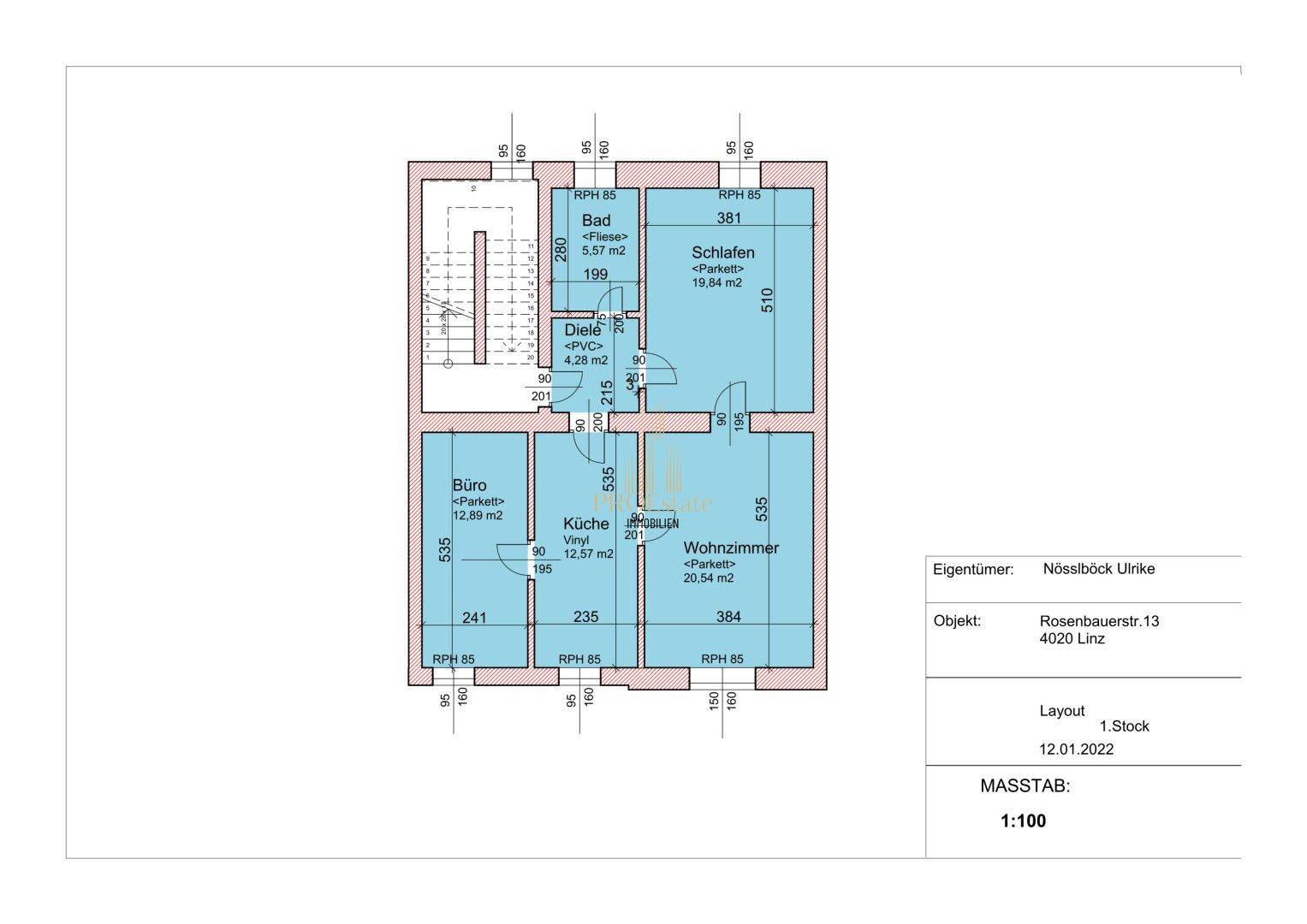 Grundrissplan der Wohnung mit Aufteilung in Wohnzimmer, Küche, Bad, Schlafzimmer und Büro.