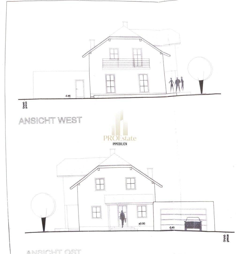 Ansichten des Gebäudes von Westen und Osten, zeigen die Fassadengestaltung und den Garagenzugang.