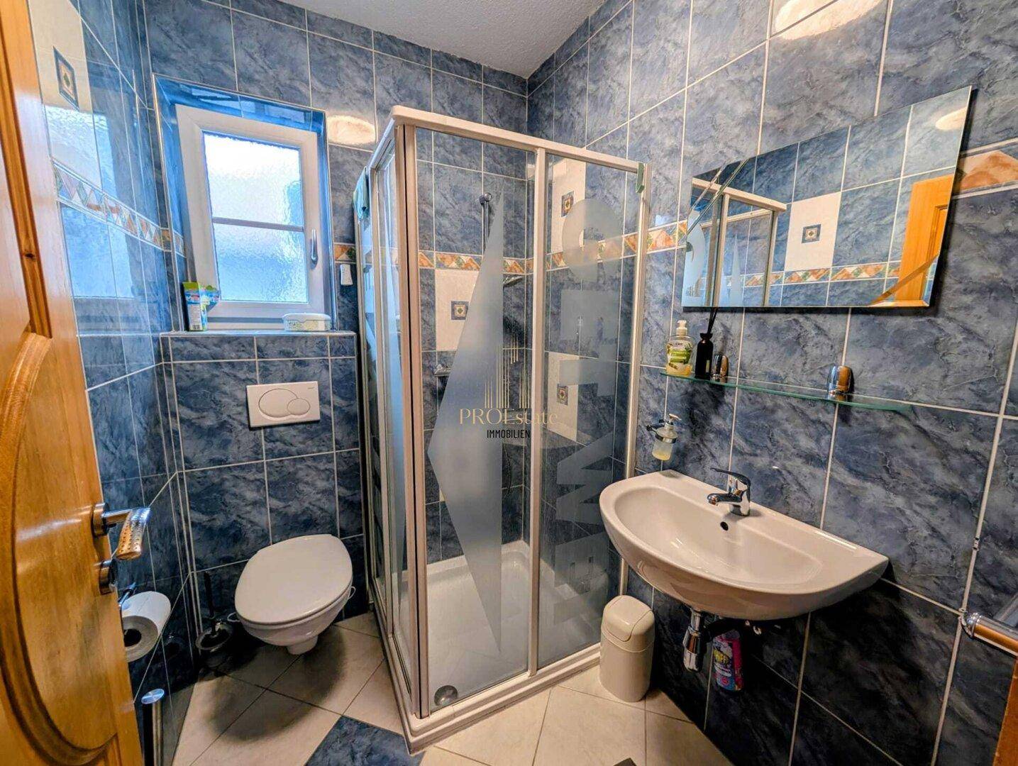 Badezimmer mit blauen Fliesen, Duschkabine, WC und Waschbecken.