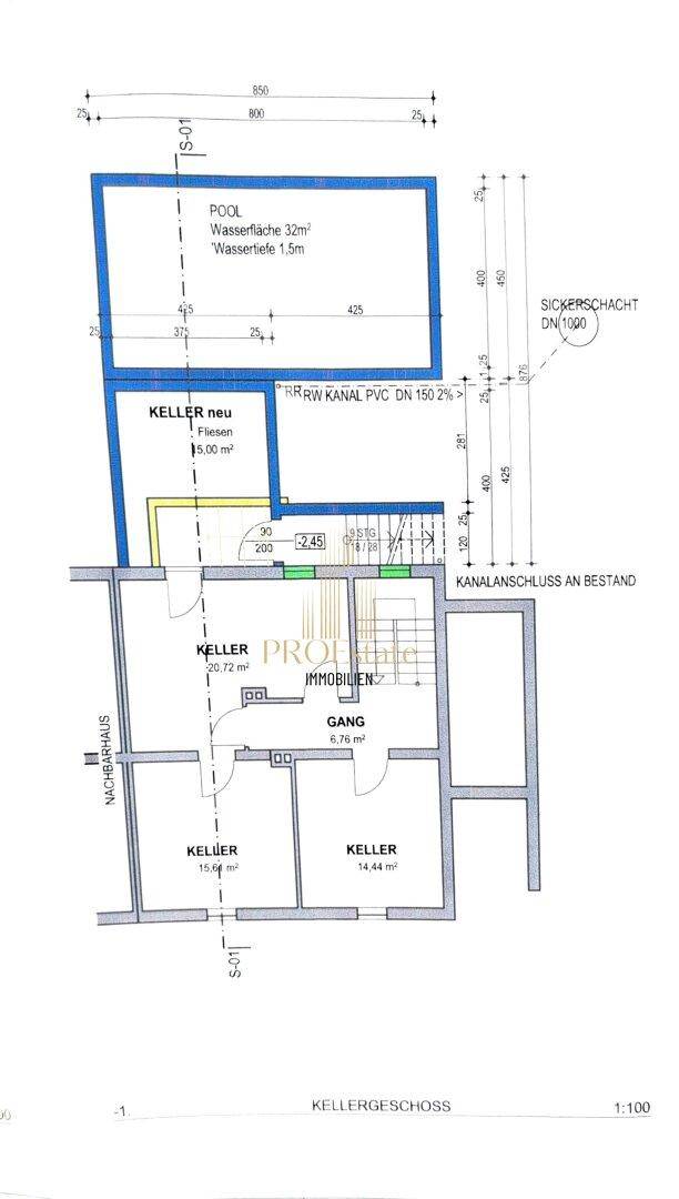 Grundriss des Kellergeschosses mit mehreren Kellerräumen und Poolbereich.