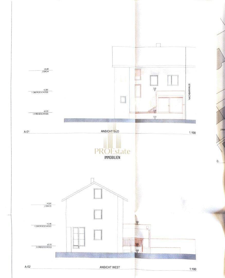 Ansichten des Gebäudes von Süden und Westen mit Fensteranordnungen.
