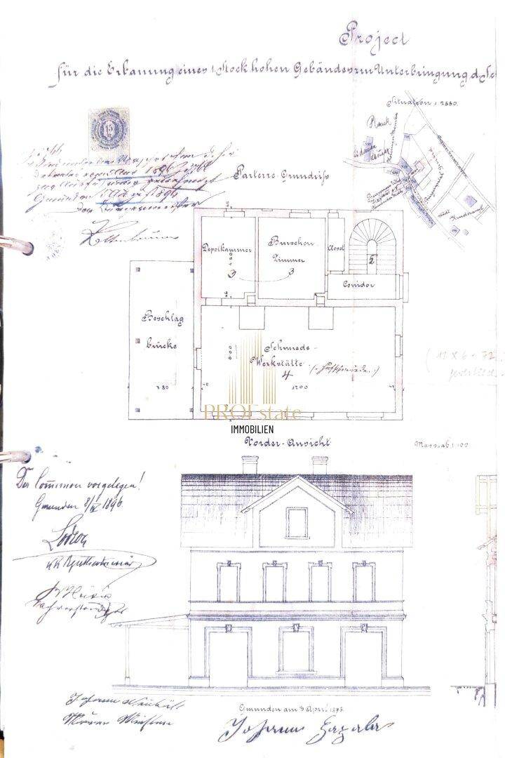 Historische Bauzeichnung mit Grundriss des Erdgeschosses und Fassadenansicht des Gebäudes.