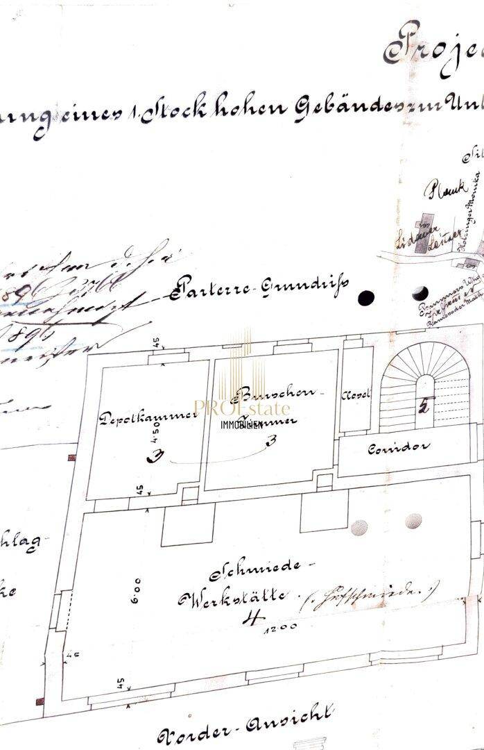 Historischer Grundriss des Erdgeschosses mit Werkstattbereich und weiteren Räumen.