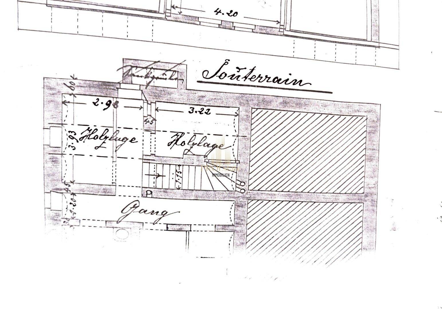 Historischer Grundriss des Souterrains mit Lagerbereichen und Treppenhaus.
