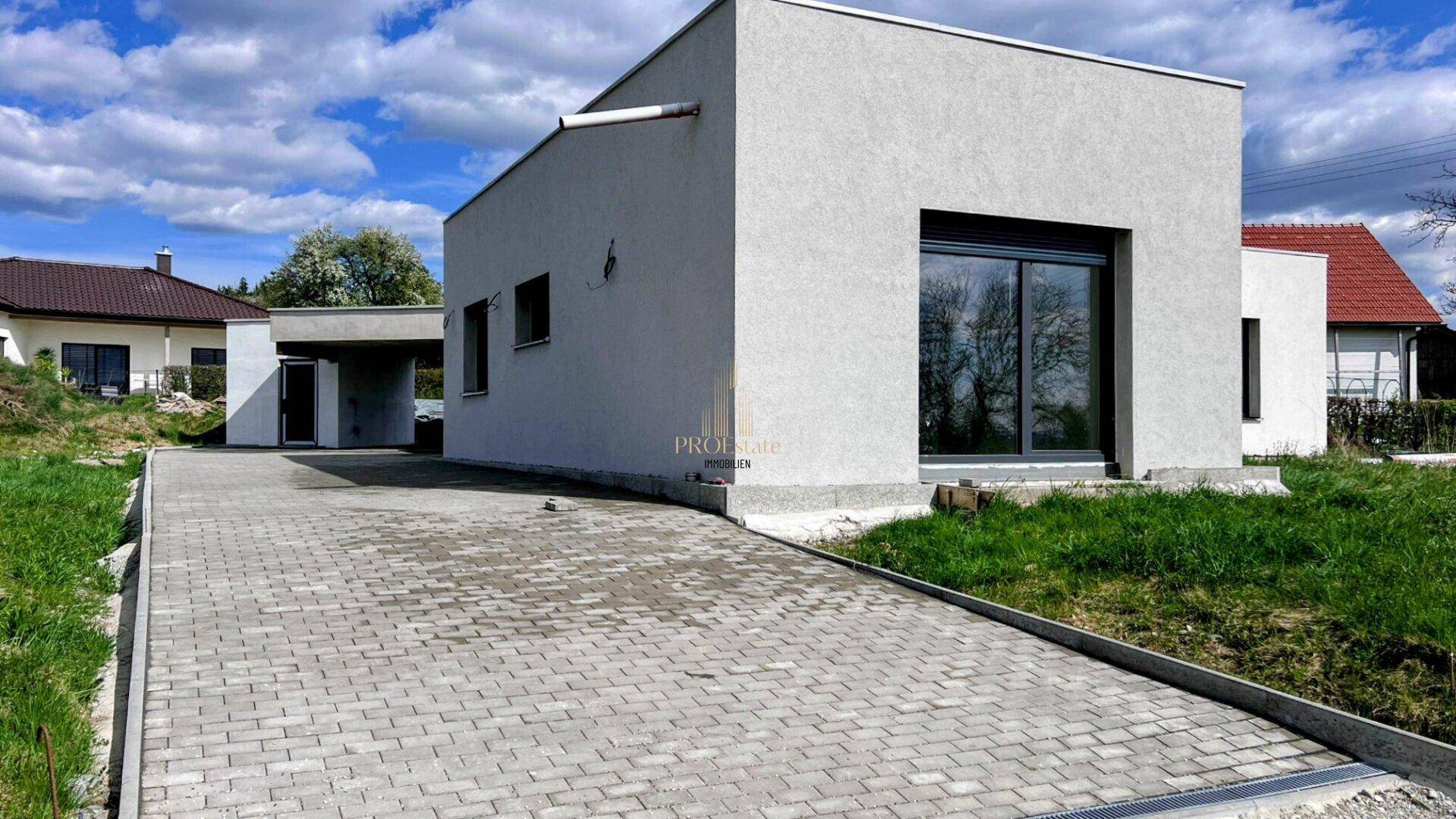 Seitenansicht des modernen Hauses mit gepflasterter Auffahrt und Carport-Struktur.