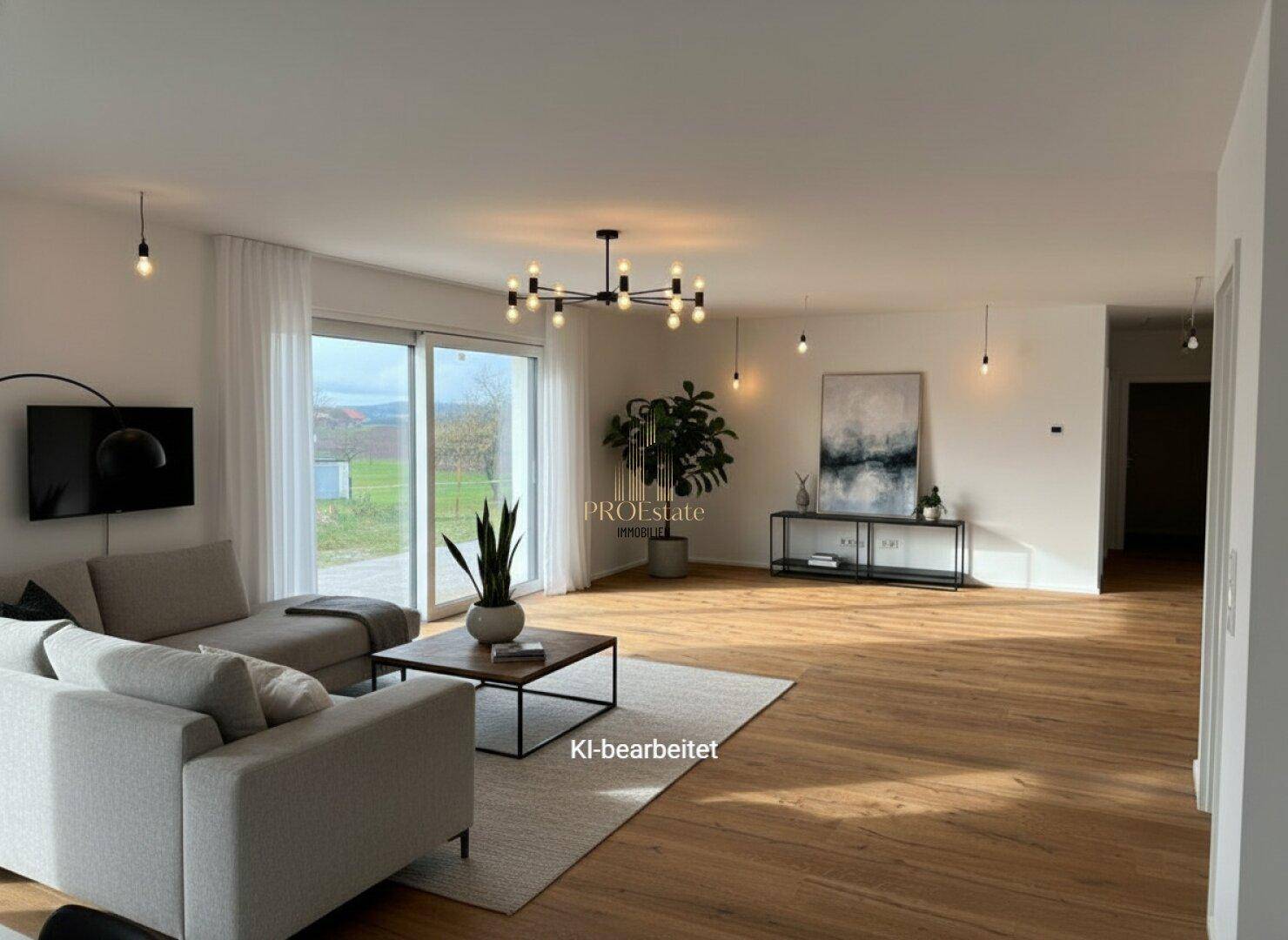 Helles, modern eingerichtetes Wohnzimmer mit Holzboden, großem Sofa und Zugang zur Terrasse.