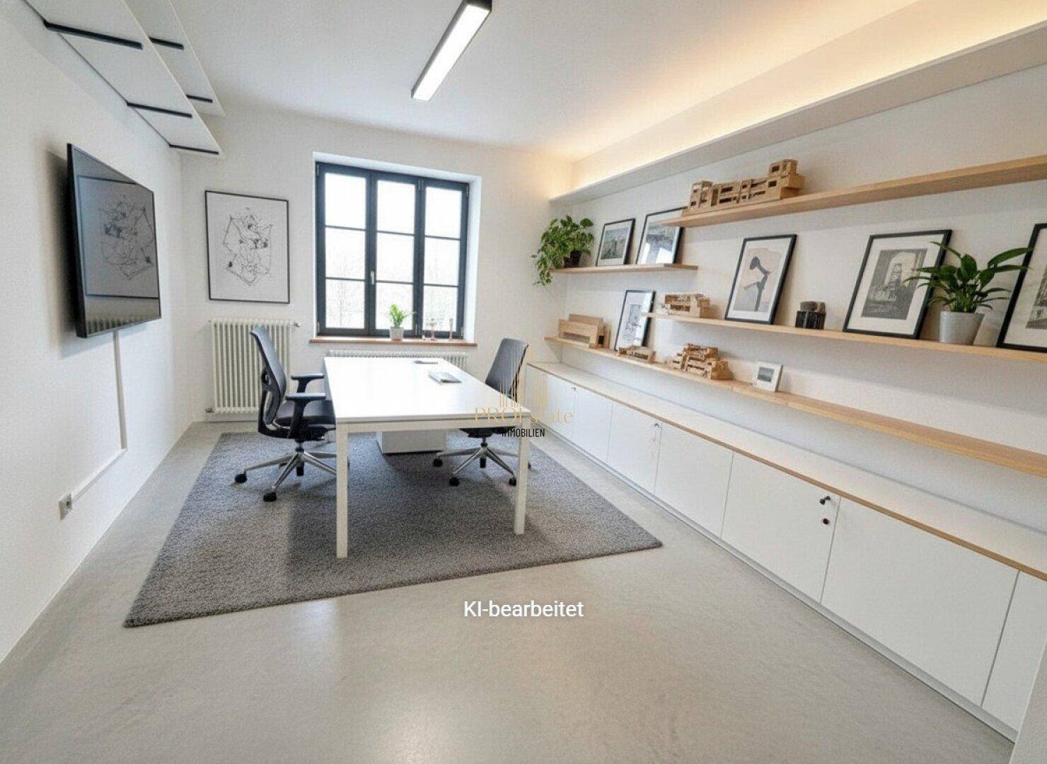 Modernes und helles Büro mit großem Schreibtisch, Regalen und minimalistischer Einrichtung.