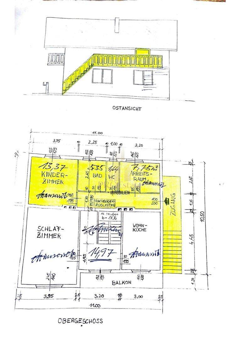Ausbauplan des Obergeschosses mit hervorgehobenen Bereichen für Kinderzimmer und Bad.