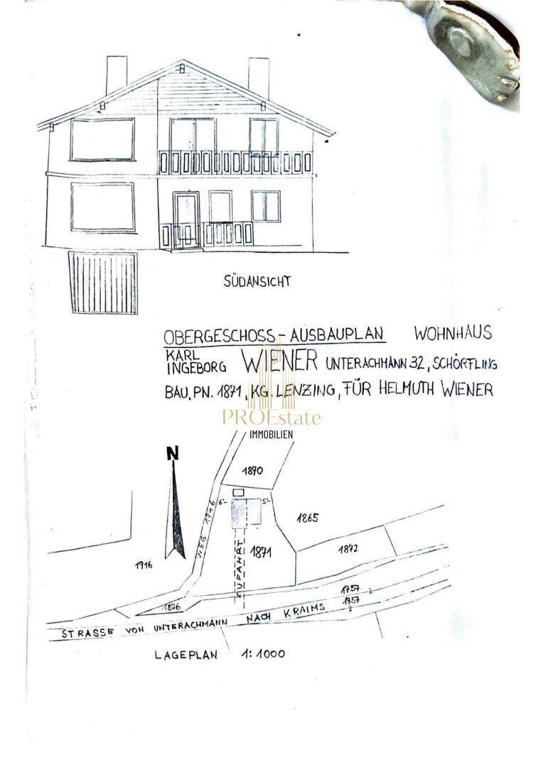 Architektonische Zeichnung mit Südansicht des Wohnhauses und Lageplan des Grundstücks.