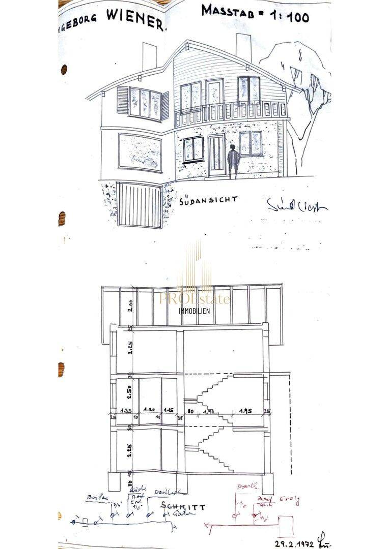 Architektonische Zeichnung mit Südansicht und Schnittdarstellung des Gebäudes.