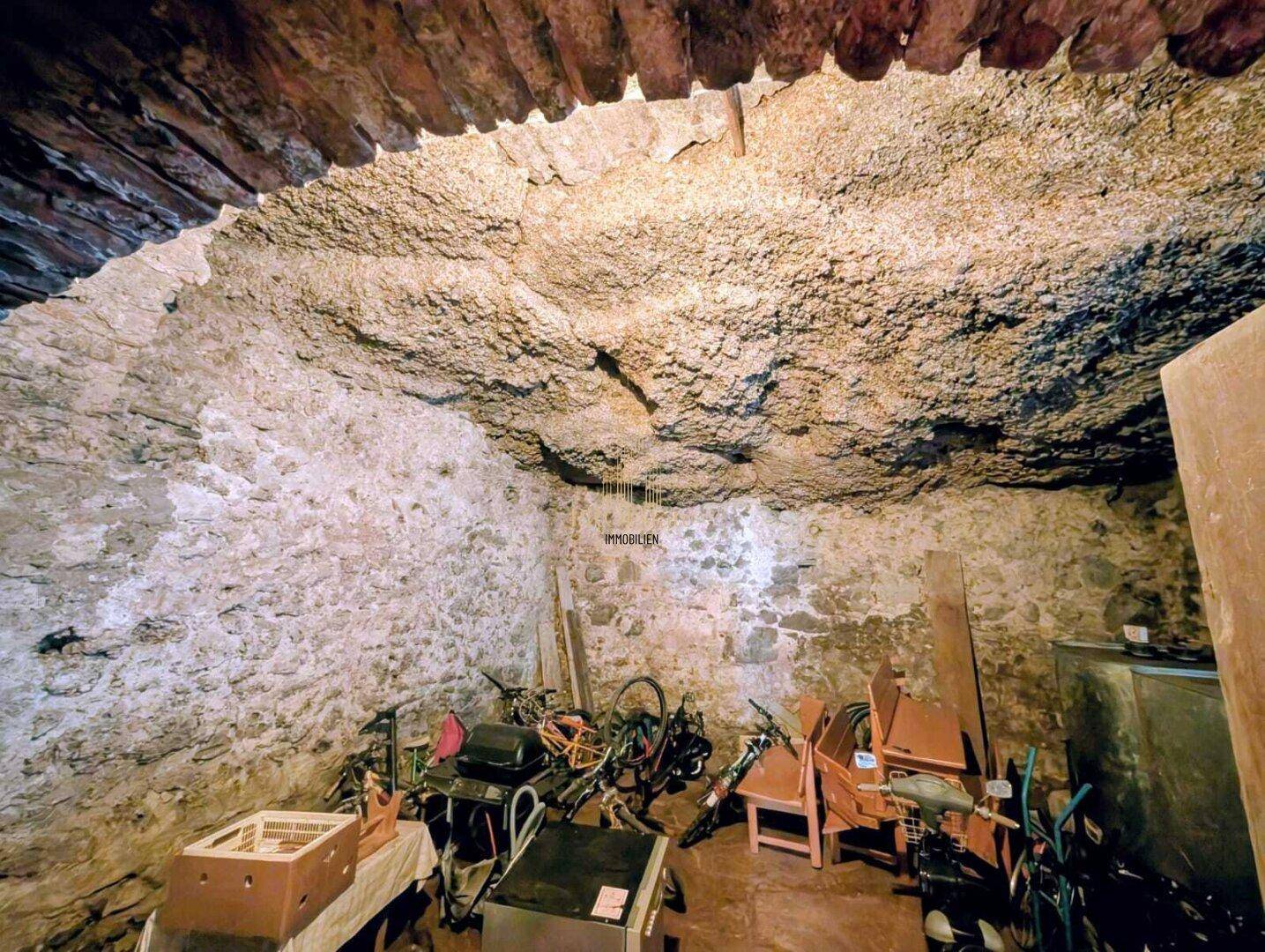 Rustikaler Kellerraum mit Steinwänden, Gewölbedecke und Lagerfläche.