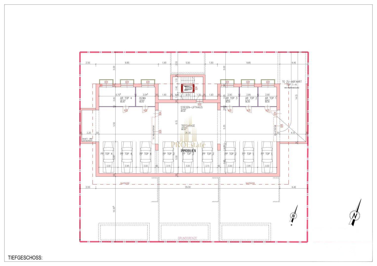 Grundriss des Tiefgeschosses mit Tiefgaragenstellplätzen und Abstellräumen für die Wohneinheiten.