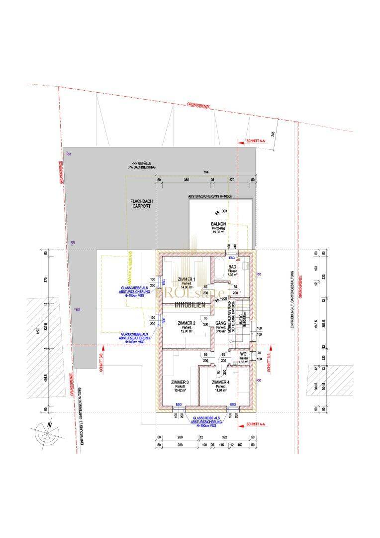 Grundriss des Obergeschosses mit Schlafzimmern, Bad und Balkon.
