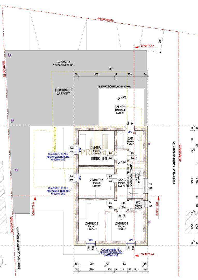 Grundriss des Obergeschosses mit vier Schlafzimmern, Bad und Balkon.