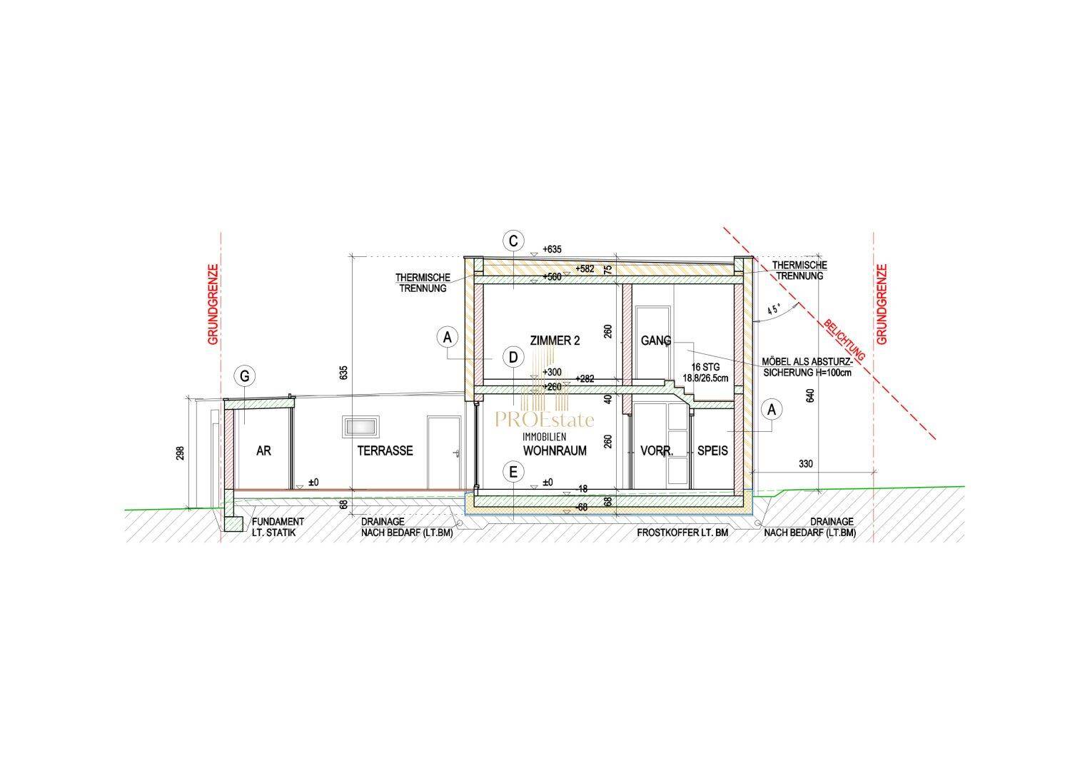 Schnittzeichnung des Gebäudes mit Wohnraum, Zimmern, Speisekammer und einer Terrasse.