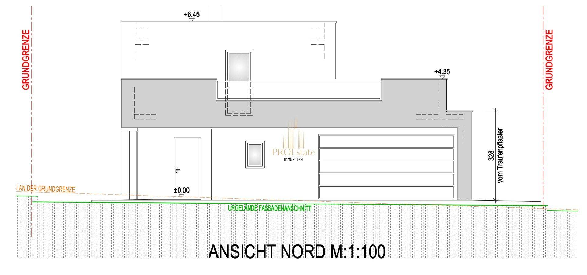 Architektonische Nordansicht des Gebäudes mit Garage und Eingangsbereich.