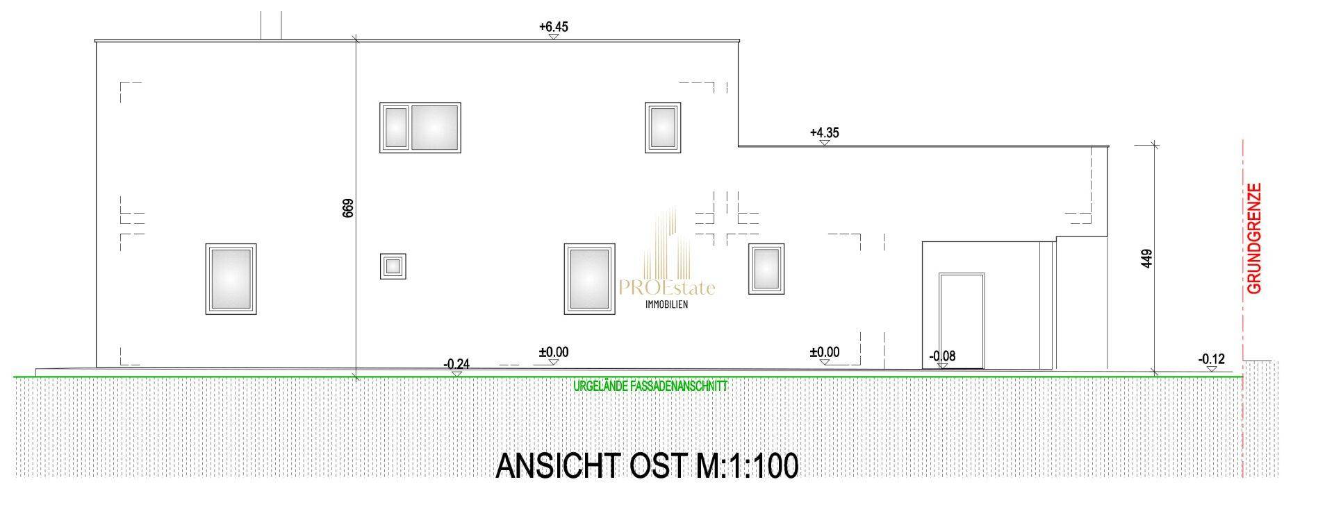 Architektonische Ostansicht des Gebäudes mit mehreren Fenstern und flachem Dach.