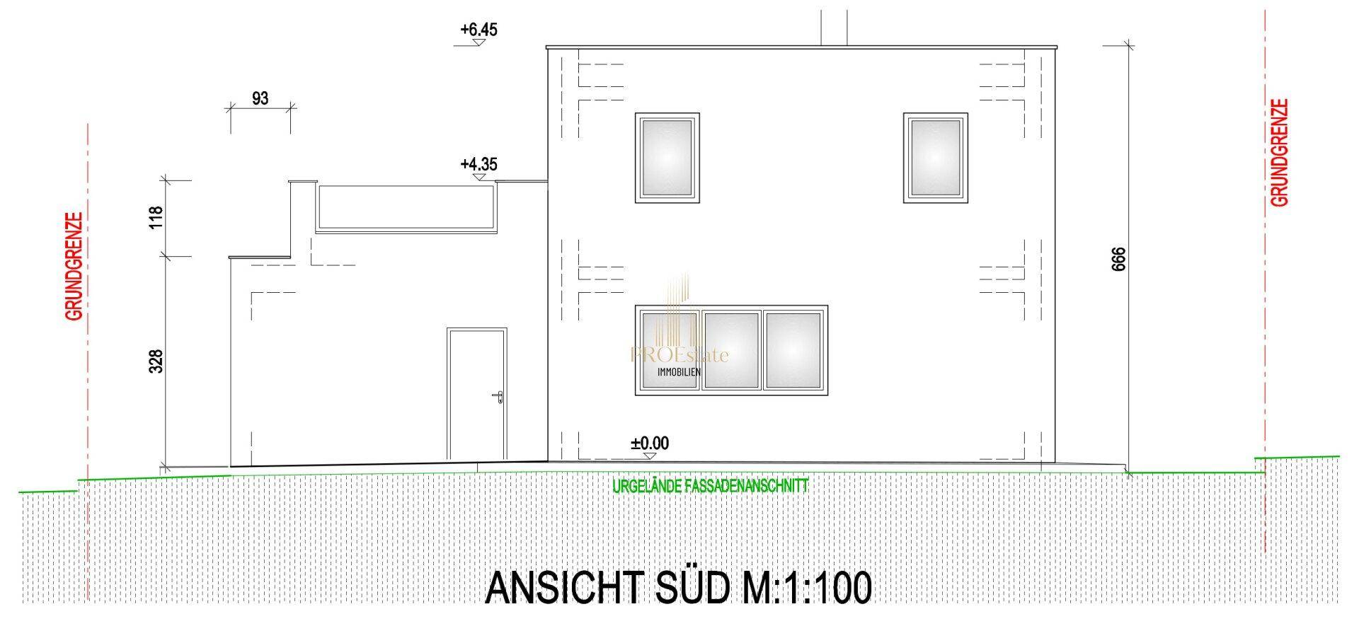 Architektonische Südansicht des Gebäudes mit Balkon und großen Fenstern.