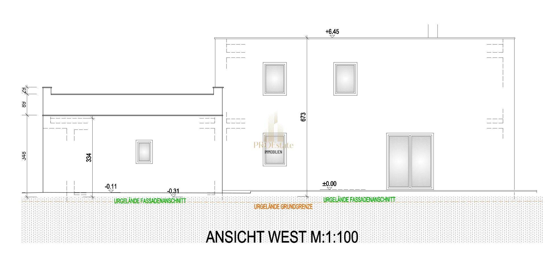 Architektonische Westansicht des Gebäudes mit Terrasse und großen Schiebetüren.
