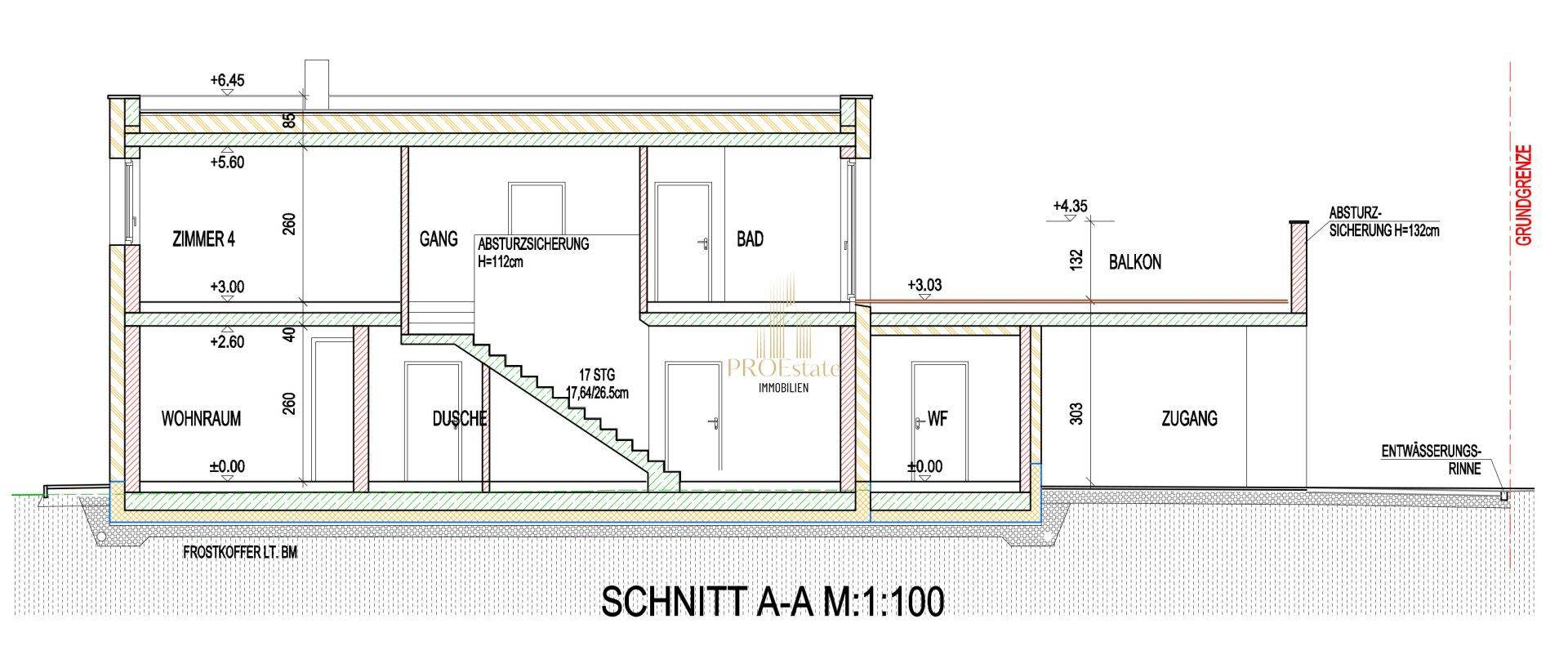 Gebäudeschnitt A-A zeigt die Raumaufteilung über zwei Etagen mit Balkon.